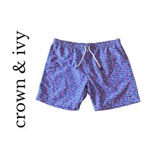Crown Ivy Men XL Swim Trunks Blue Pink Lined Drawstring Elastic Waist Shorts